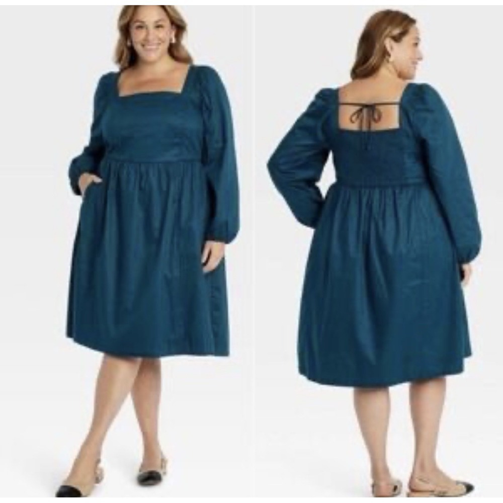 NWT Ava & Viv Women's Balloon Sleeve Midi A Line Poplin  Dress Teal Plus Sz 2X